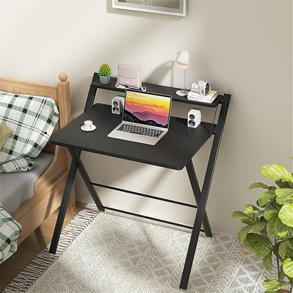 GreenForest No Assembly Folding Desk, 2-Tier Compact Computer Desk with Shelf, 30 inch Space Saving Foldable Table for Home Office, Dorm or Apartment, Portable Collapsible Sturdy Laptop Desk, Black