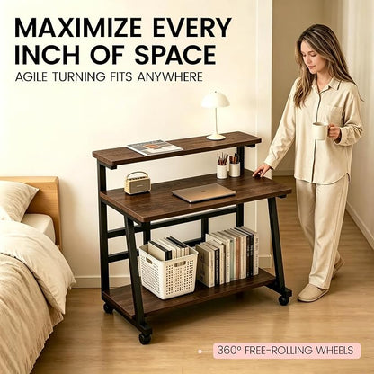 47.2 Inch Compact Rolling Computer Desk with Tier Worktable & Lockable Wheels, Small Computer Desk, Small Desk for Bedroom, Mobile Writing Workstation Easy Assembly for Home Office Small Spaces