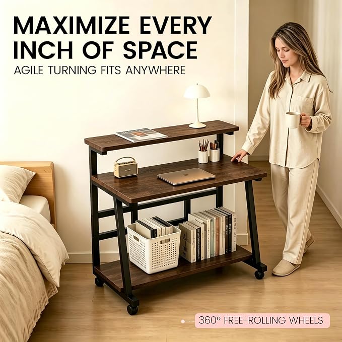 39.4 Inch Compact Rolling Computer Desk with Tier Worktable & Lockable Wheels, Small Computer Desk, Small Desk for Bedroom, Mobile Writing Workstation Easy Assembly for Home Office Small Spaces