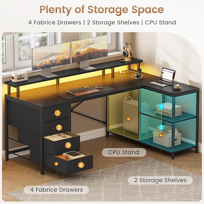 SEDETA L Shaped Desk with 4 Drawers and Storage Shelves, L Shaped Gaming Desk with LED Lights & Power Outlets, Computer Desk with Shelves & Drawer, Corner Desk Home Office Desk, Black