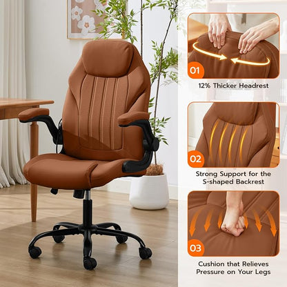 Ylzyxal Office Desk Chair, Ergonomic Computer Chair with Padded Flip-Up Arms and Adjustable Lumbar Support, PU Leather Executive Chair with Tilt Lock and 360° Swivel Rolling Wheels for Work, Study