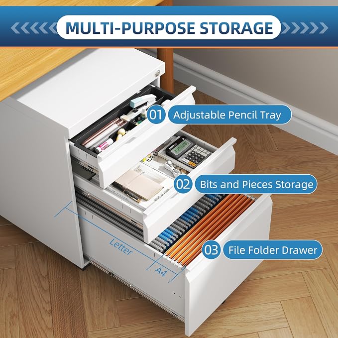 3 Drawer White Mobile File Cabinet with Wheels, Metal Small Filing Cabinets for Home Office Organizer,Rolling Filing Cabinets Under Desk Storage for Letter/Legal/A4 Files