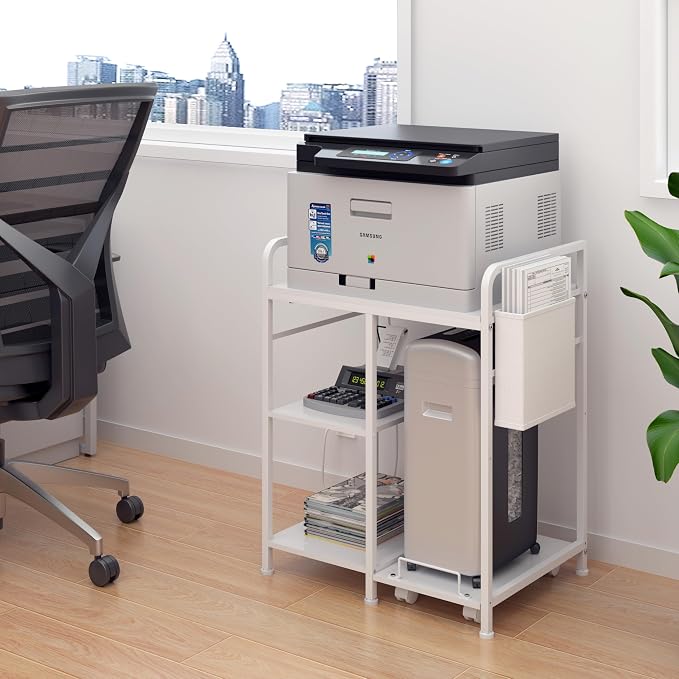 Sedegn Large Printer Stand with 3 AC Outlets for Home Office Devices | Heavy-Duty Printer Table for Laser Printer, Side Paper Storage Bag, 3-Tier Organizer for Shredder, PC Tower & Supplies, White