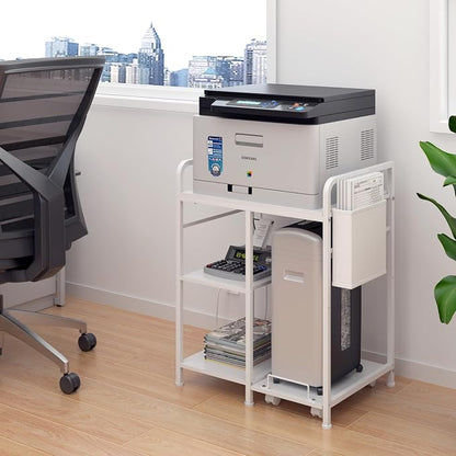 Sedegn Large Printer Stand with 3 AC Outlets for Home Office Devices | Heavy-Duty Printer Table for Laser Printer, Side Paper Storage Bag, 3-Tier Organizer for Shredder, PC Tower & Supplies, White