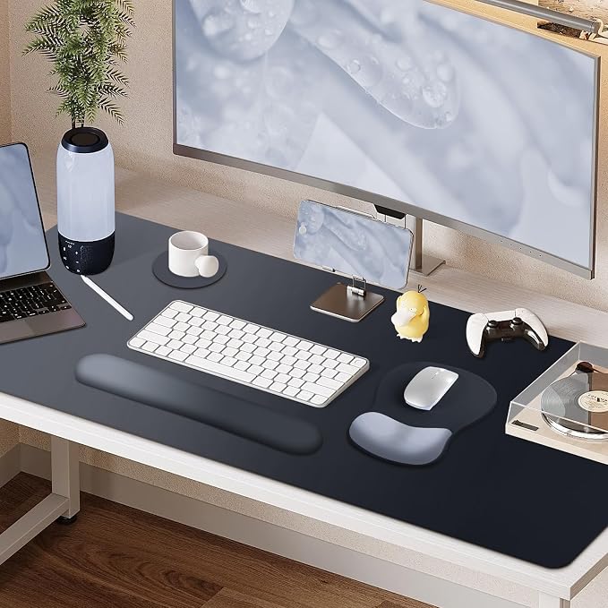 4-in-1 Large Gaming Mouse Pad, Keyboard Wrist Rest Pad & Wrist Support Mousepad Set, Extended Desk Pad Waterproof Desk Mat Protector for Home Office Decor Study Game 35.4×15.7 Inches Big I Black