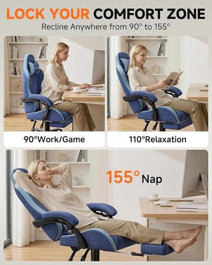 GTPLAYER Gaming Chair with Footrest, Computer Gaming Chair for Adults, Height Adjustable Gamer Chair with 90-155° Recline & Removable Headrest Lumbar Support,Performance Fabric Blue
