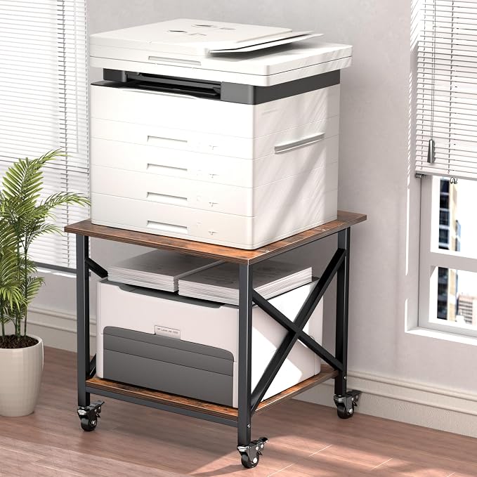 Printer Stand, 23.6 x 23.6 Inches Large Printer Stand with Storage Shelf, 2 Tier Printer Table for Home Office, Rolling Printer Cart with Industrial Wheels, Mini Fridge Stand Table, Vintage Brown