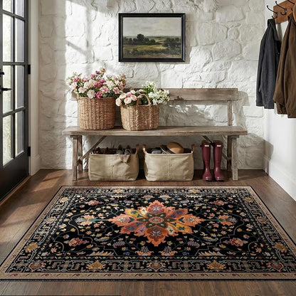 RELEANY Area Rugs 4'x6' Washable Non-Slip, Floral Vintage Distress Medallion Carpet for Living Room Bedroom Dining Room, Black Colorful Floral Dark Tan