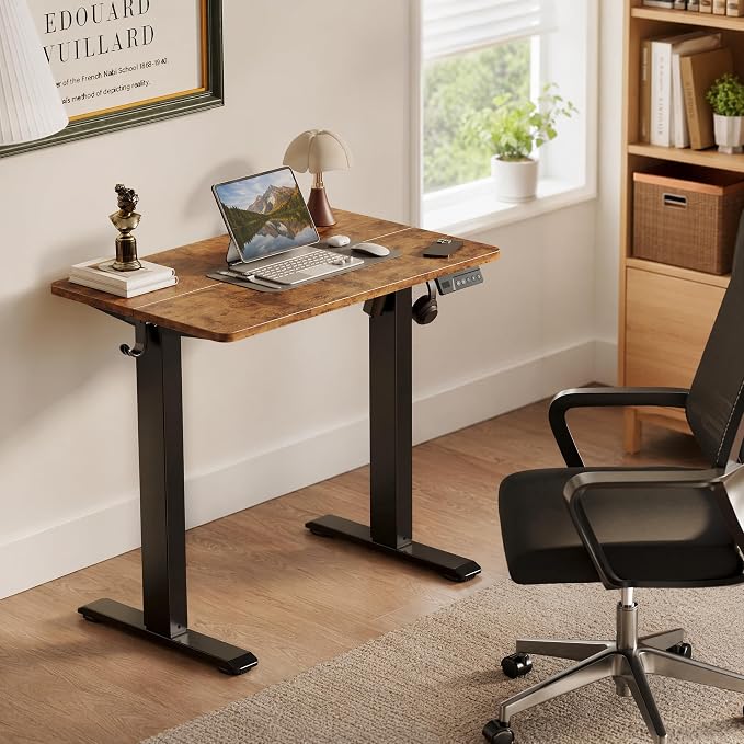 Claiks Electric Standing Desk 32 x 19 Inches, Compact Adjustable Height Motorized Sit Stand Desk with 3 Memory Presets & Cable Management, Space-Saving Computer Workstation for Bedroom, Rustic Brown