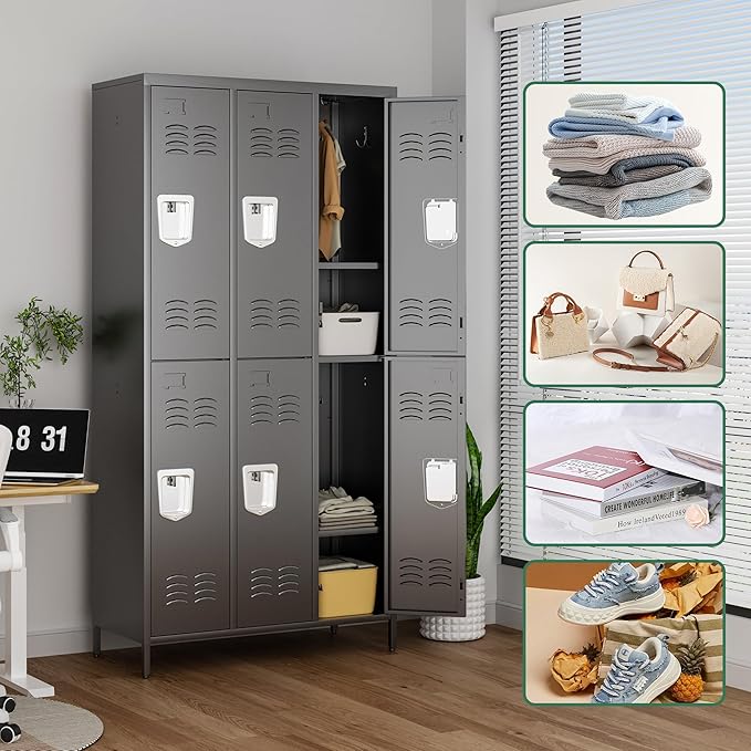6 Door Metal Lockers for Employees,6 Heavy-Duty Hooks,72" Secure Storage for Home,Offices,Schools & Gyms | Black