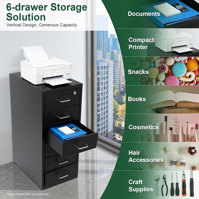 6 Drawer Vertical File Cabinet with Lock, Metal Movable Office Storage Cabinet, Under-Desk File Cabinet with Wheels, for Home Office Use (Black)