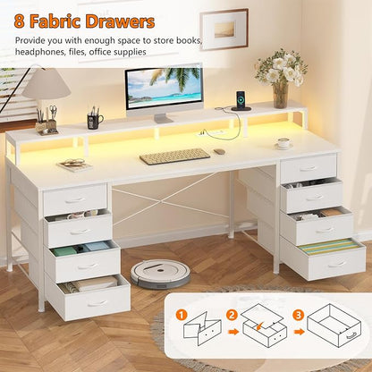 YOMILUVE 60 Inch Computer Desk with 8 Fabric Drawers, Gaming Desk with LED Lights & Power Outlets, Home Office Desk with Monitor Stand, White