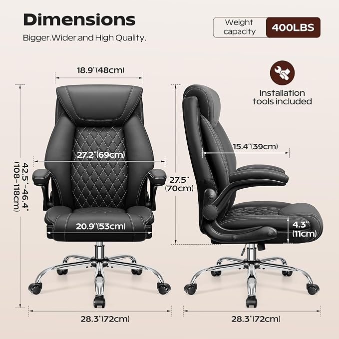 BestGlory Office Chair, Ergonomic High Back Home Office Desk Chair, Big and Tall Breathable Leather Office Chair with Lumbar Support Flip-Up Armrests, Computer Gaming Chair with Rocking Function