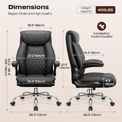 BestGlory Office Chair, Ergonomic High Back Home Office Desk Chair, Big and Tall Breathable Leather Office Chair with Lumbar Support Flip-Up Armrests, Computer Gaming Chair with Rocking Function