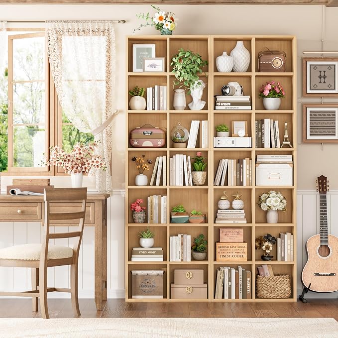 FOTOSOK 71'' Tall Bookshelf with 14 Cubes, 7 Tier Double Wide Wood Bookshelf with 6 Adjustable Shelves, 19.6" Narrow Bookcase DVD/CD Media Storage, Space Saving Display Shelf Cabinet, Natural