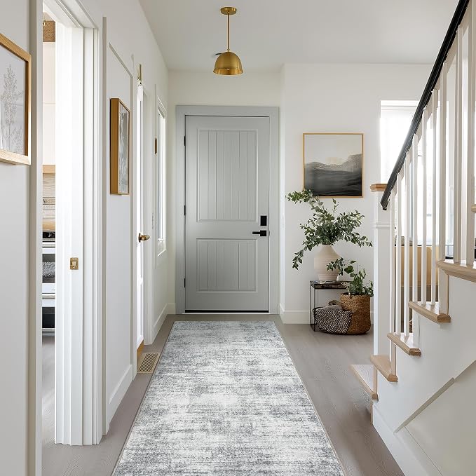 BILEEHOME Modern Abstract Neutral 3x8 Runner Rug for Hallway Low Pile Non Slip Washable Rugs Floor Covering Grey Carpet Runners for Kitchen Laundry Room