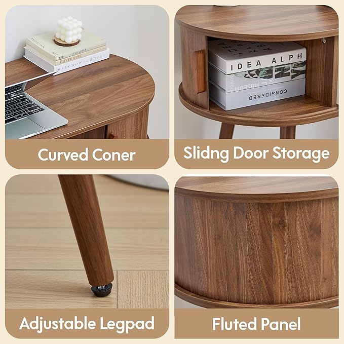 Mid-Century 43" Small Wood Desk, Home Office Writing Desk with Storage, Unique Design Fluted Vanity Table Desk for Bedroom, Study Room