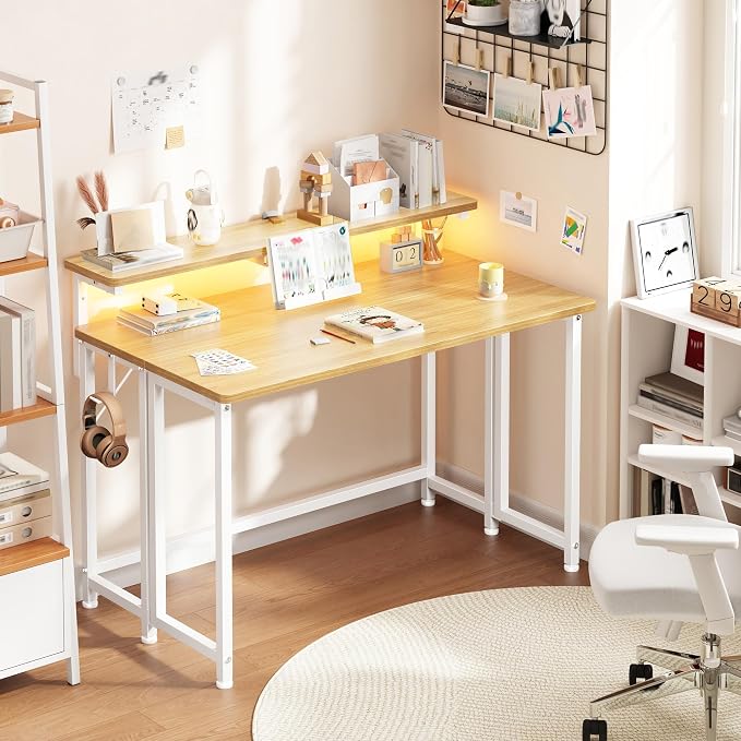 DurayLoly Folding Table with RGB Light for Small Space, 39.4" Folding Computer Desk for Space Saving Sofa Table for Couch, Home Work Office Desk with Monitor Stand, Easy to Fold with Hooks,Oak