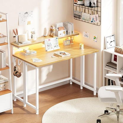 DurayLoly Folding Table with RGB Light for Small Space, 31.5" Folding Computer Desk for Space Saving Sofa Table for Couch, Home Work Office Desk with Monitor Stand, Easy to Fold with Hooks, Oak