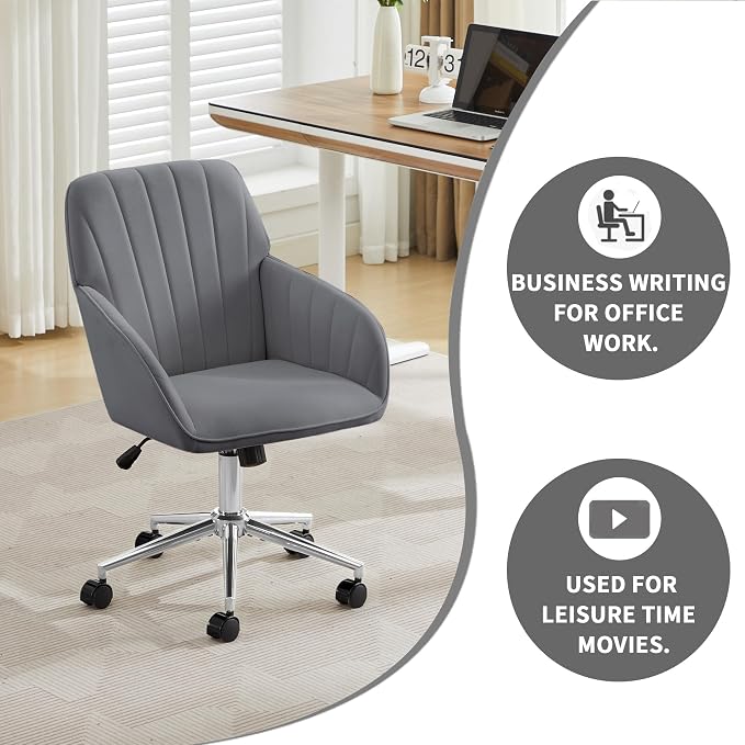 YITAI Velvet Office Desk Armchairs with Silver Base and Wheels,Modern Height Adjustable 360 Degree Swivel Upholstered Vanity Chairs for Living/Room Bedroom/Study,Gray
