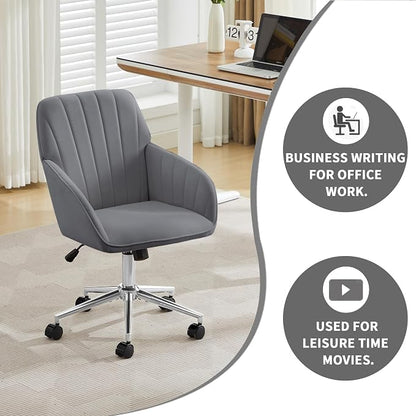 YITAI Velvet Office Desk Armchairs with Silver Base and Wheels,Modern Height Adjustable 360 Degree Swivel Upholstered Vanity Chairs for Living/Room Bedroom/Study,Gray