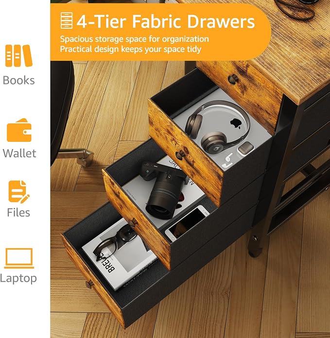DLisiting 47 Inch Computer Office Desk - Home Office Desk with Storage Fabric Drawers, Simple PC Writing Work Desks for Bedroom Boys Girls Teens Childrens, Rustic Brown