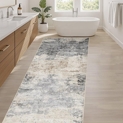 Runner Rug Kitchen Washable Rugs: 2x10 Non-Slip Abstract Soft Modern Stain Resistant Indoor Floor Neutral Accent Throw Carpet for Hallway Bathroom Laundry Room Entryway Bedroom- Grey Brown