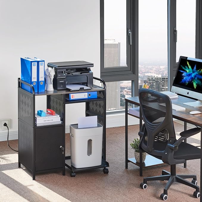 Lauren&Harold Large Printer Stand with Storage, Printer Cabinet with Paper Shredder Stand & PC Tower Stand with Wheels, Printer Table with Socket and USB Charging Port for Home Office