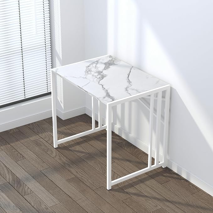Lutown-Teen 32 inch Folding Small Desk, Writing Gaming Computer Camping Desk for Small Spaces, No Assembly Required Home Office Desk, White Marble