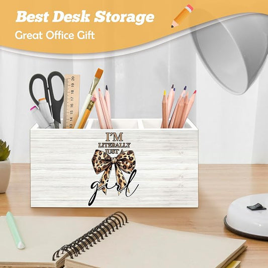 Preppy Coquette Leopard Bow Pen Holder Organizer for Desk Accessories, I'm Literally Just a Girl Wooden Box Sign Desk Decorations for Girls Room Bedroom Decor, Leopard Cheetah Gifts for Women
