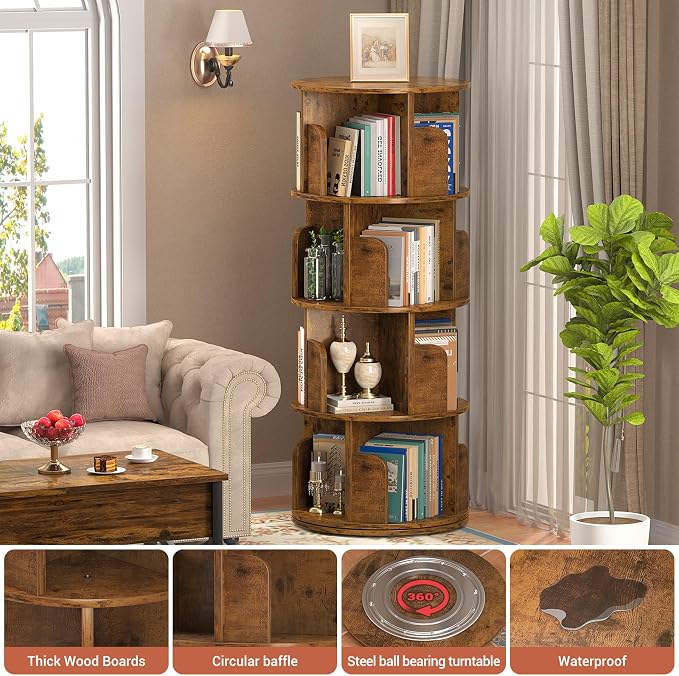 Besiost Rotating Bookshelf, Corner Bookshelf, 360 Display Wood Spinning Bookcase Storage Rack, Floor Standing Revolving Bookcase Narrow Book Shelf Organizer for Small Space, Bedroom, Rustic Brown