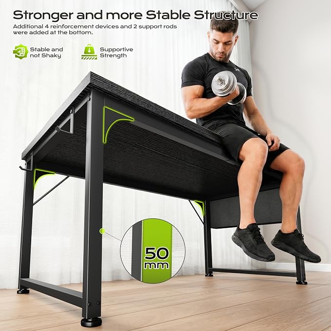 DurayLoly 47 x 24 inch Desk, 24mm Thick Heavy Duty Gaming Desk with RGB LED & Power Outlets, Detachable Stand, Hooks & Storage Bag, 110LBS Capacity, Home Office Computer Desk, Black