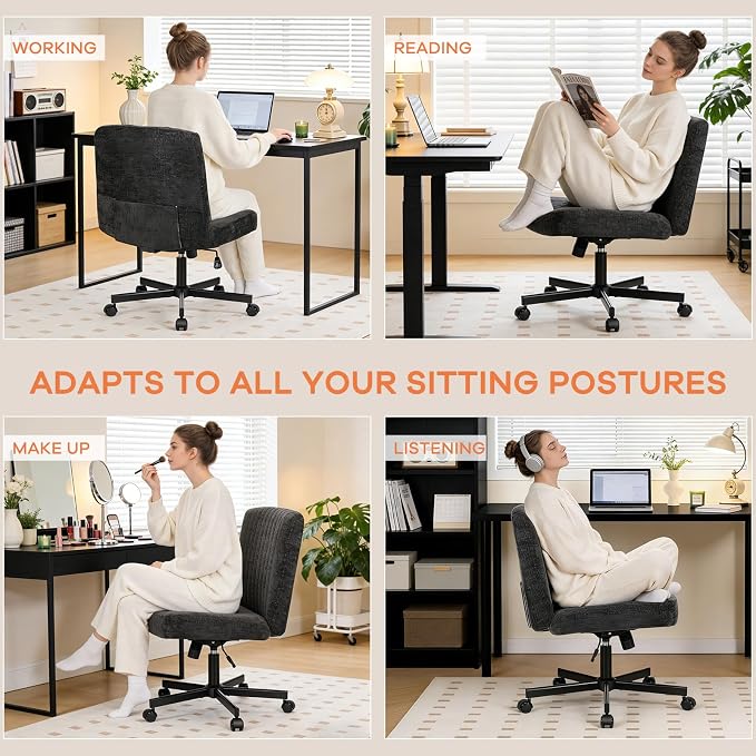 Convertible Base Criss Cross Chair with Pocket Springs & Thicker and Wider Cushions, Armless Legged Office Chair Relieves Back Pain, Swivel Vanity Chair for Living Room/Office, Black
