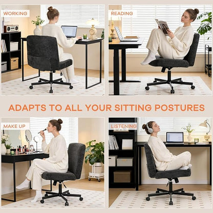 Convertible Base Criss Cross Chair with Pocket Springs & Thicker and Wider Cushions, Armless Legged Office Chair Relieves Back Pain, Swivel Vanity Chair for Living Room/Office, Black