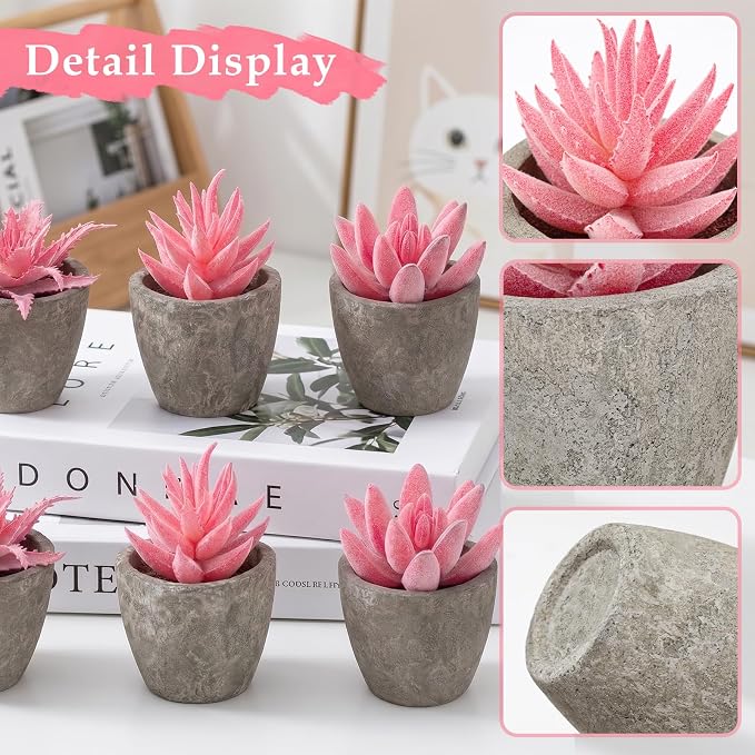 6 Pack Pink Succulents Plants Artificial in Pots, Fake Mini Planted Succulents Pink Room Office Desk Decor for Women