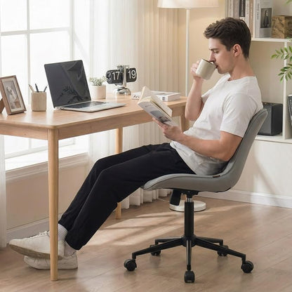 YOUNIKE Office Chair, Armless Desk Chair with Wheels, Adjustable Swivel Rolling Home Office Computer Task Chairs, Modern Faux Leather Upholstered Vanity Chair, Grey