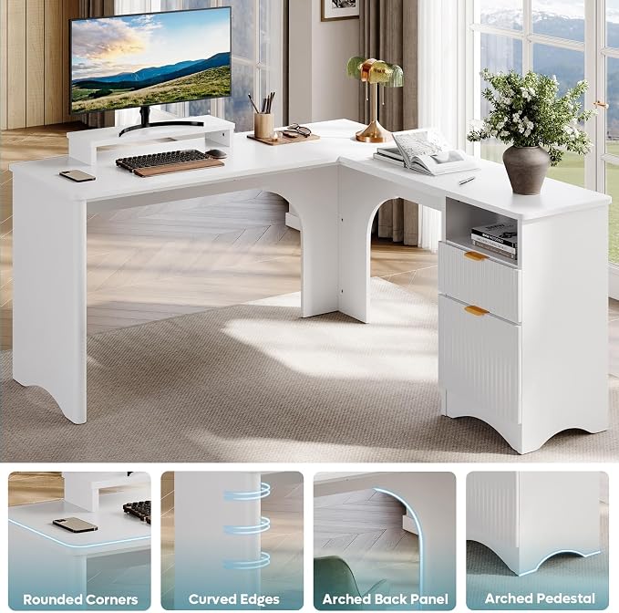 Bestier L Shaped Desk with File Drawer, 55.7" x 55" Office Computer Desk with Round Corners, Modern Desk with Monitor Stand & Fluted Panels for Home Office, White