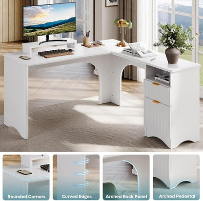 Bestier L Shaped Desk with File Drawer, 55.7" x 55" Office Computer Desk with Round Corners, Modern Desk with Monitor Stand & Fluted Panels for Home Office, White