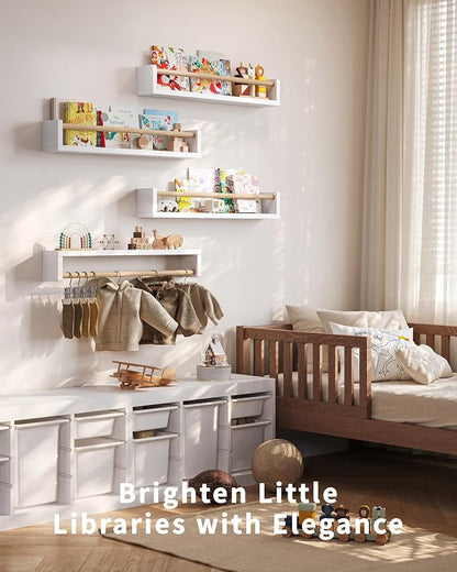 Seocry Nursery Book Shelves, 4 Pack, Wall Book Shelves for Kids Room, Baby, Toddler, Nursery Decor (White Wood, 23.1 Inches)
