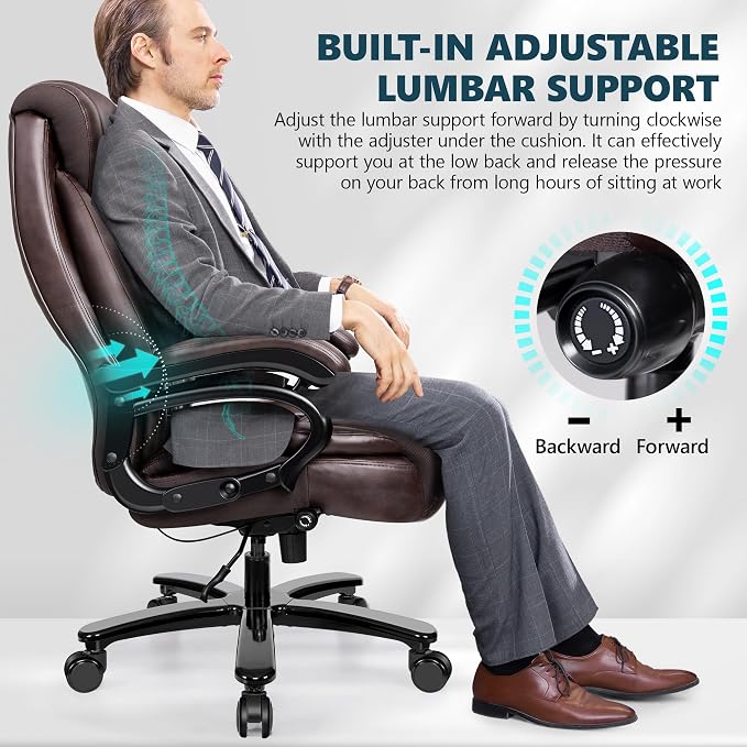 Big and Tall 500lbs Office Chair,Heavy Duty Large PU Leather Executive Desk Chair with Wide Seat, Adjustbale Ergonomic Lumbar Support High Back Rocking Computer Chair for Heavy People (Brown)