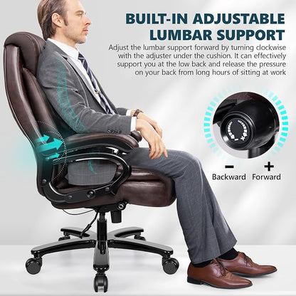 Big and Tall 500lbs Office Chair,Heavy Duty Large PU Leather Executive Desk Chair with Wide Seat, Adjustbale Ergonomic Lumbar Support High Back Rocking Computer Chair for Heavy People (Brown)