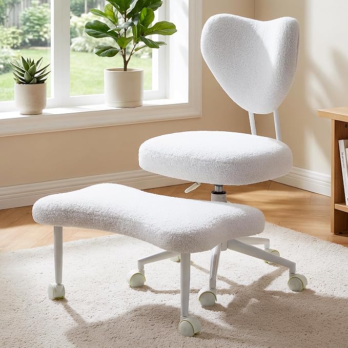 Cross Legged Office Chair with Wheels, 360 Swivel Height-Adjustable Meditation Chair with Lumbar Support, White