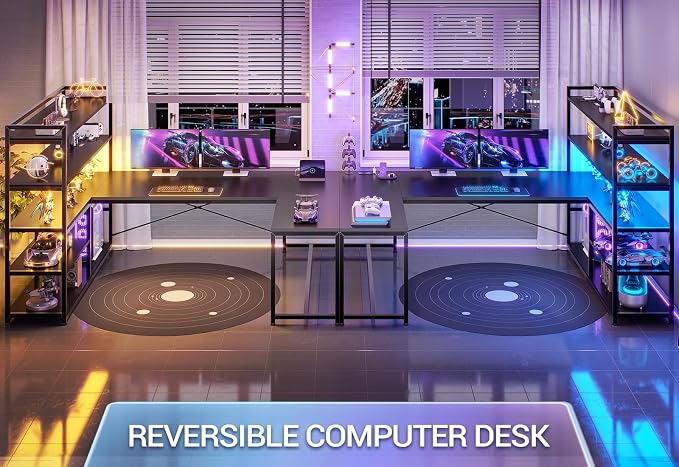 SEDETA L Shaped Gaming Desk, 63'' Reversible Computer Desk with Power Outlet and Storage Shelves, Corner Gaming Desk with LED Lights, Bookshelf for Home Office, Black