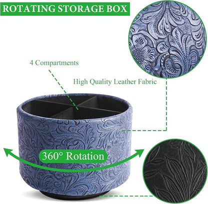 lizimandu Round Leather Art Supply Organizer,Remote Control Holder,360 Degree Spinning,Multi-Functional Pencil Holder,4 Compartments Desktop Stationary Organizer(1-Carved Dark Blue)
