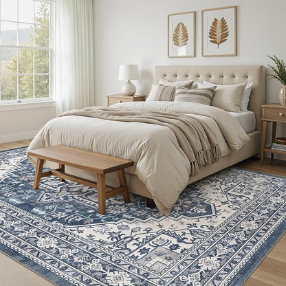 UERMEI 8x10 Area Rug for Living Room - Washable Vintage Carpet, Non-Slip Soft Large Indoor Floor Rugs for Bedroom Home Office & Under Dining Table Decor, Denim Blue/White