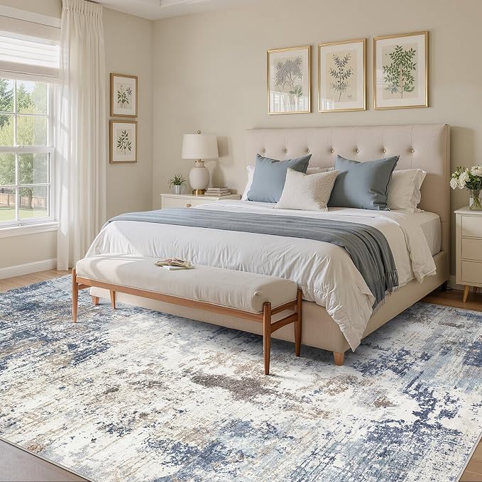 UERMEI 10x14 Area Rug Living Room Rugs - Washable Neutral Modern Abstract Soft Thin Large Rug Indoor Floor No Slip Rug Carpet for Bedroom Under Dining Table Home Office Decor - Denim Blue