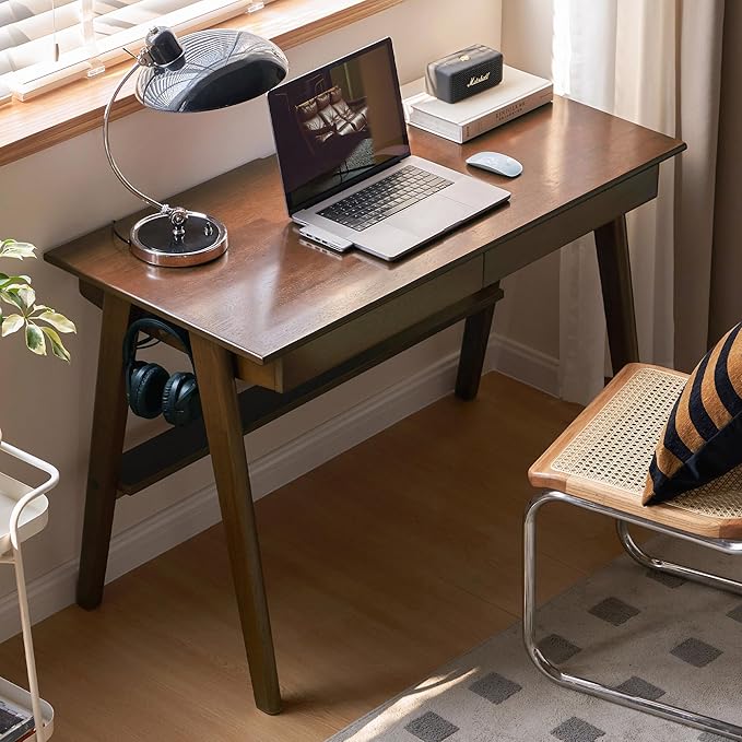 Walnut Color Home Office Desk, 100% Solid Rubber Wood Desk, Mid Century Modern Writing Computer Desk with Drawer for Sturdy Room, Bedroom 47.24" W