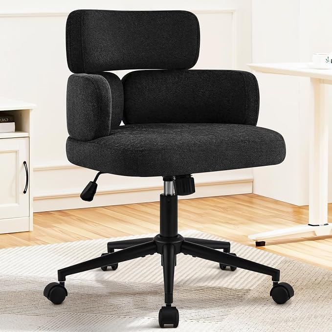 Modern Upholstered Office Chair with Wheels, Adjustable Height Swivel Desk Chair with Arms, Comfy Fabric Task Chair for Home Office, Bedroom, Study Room, Rolling Base,Black