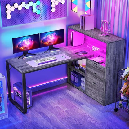 DWVO L Shaped Desk with Drawers & Power Outlets, 55" Computer Desk with Bookshelf, Corner Desk Home Office Desk with Storage Shelves & LED Lights, Grey