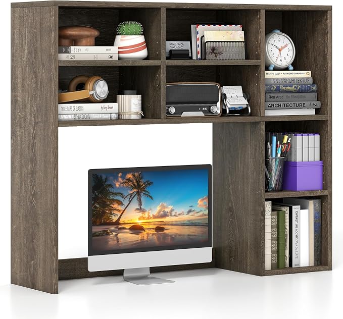 Giantex Desktop Bookshelf, Desk Hutch Dorm w/ 7 Cubes & 3 Adjustable Shelves, Desk Shelf for Up to 27" Computer Monitors, Wooden Desktop Storage Organizer for Dorm College Office Home (Grey Oak)